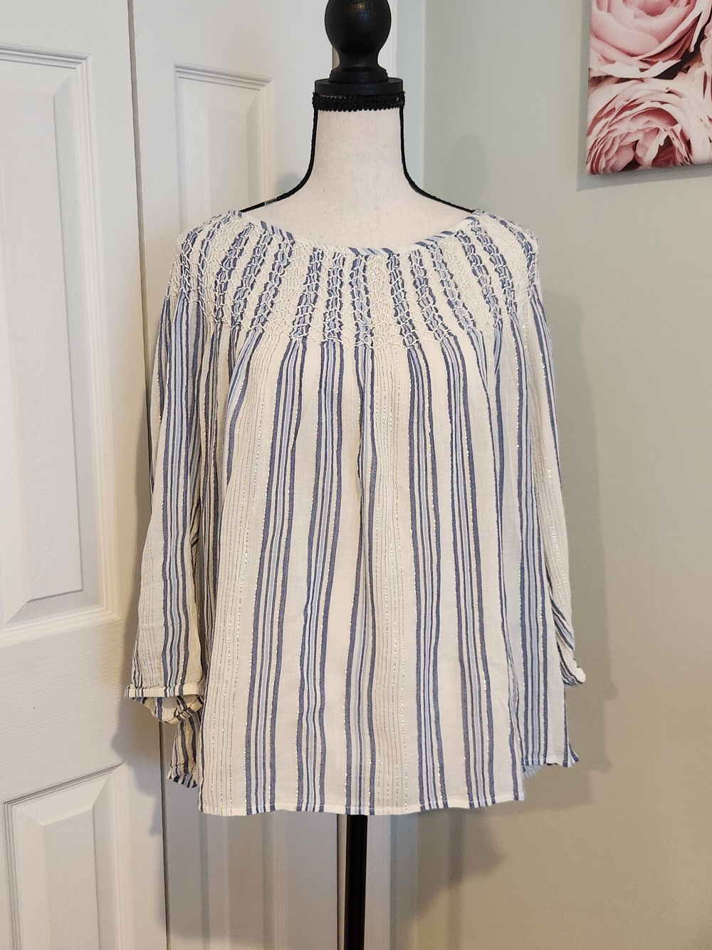 J. Jill Blue and White With Gold Accents Smocked Yoke Peasant Blouse